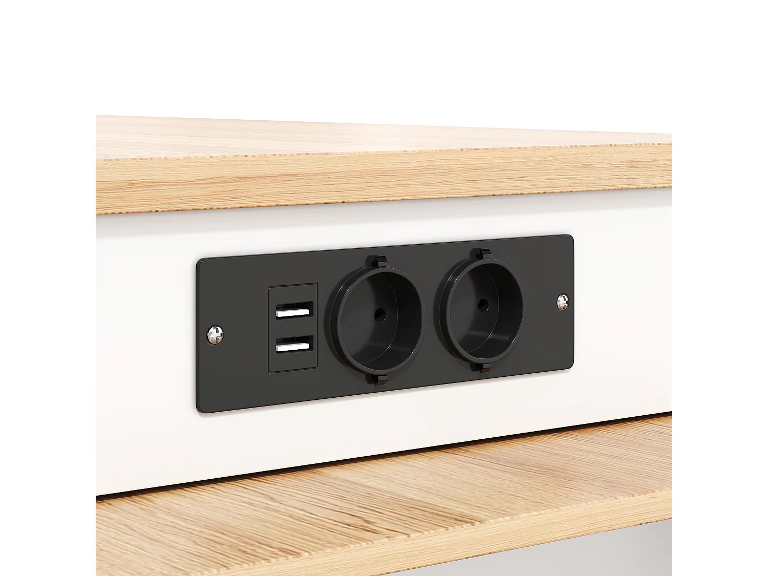 Îlot central de cuisine - table à manger extensible - avec prise de courant - avec roulettes et espace de rangement - Naturel + Blanc