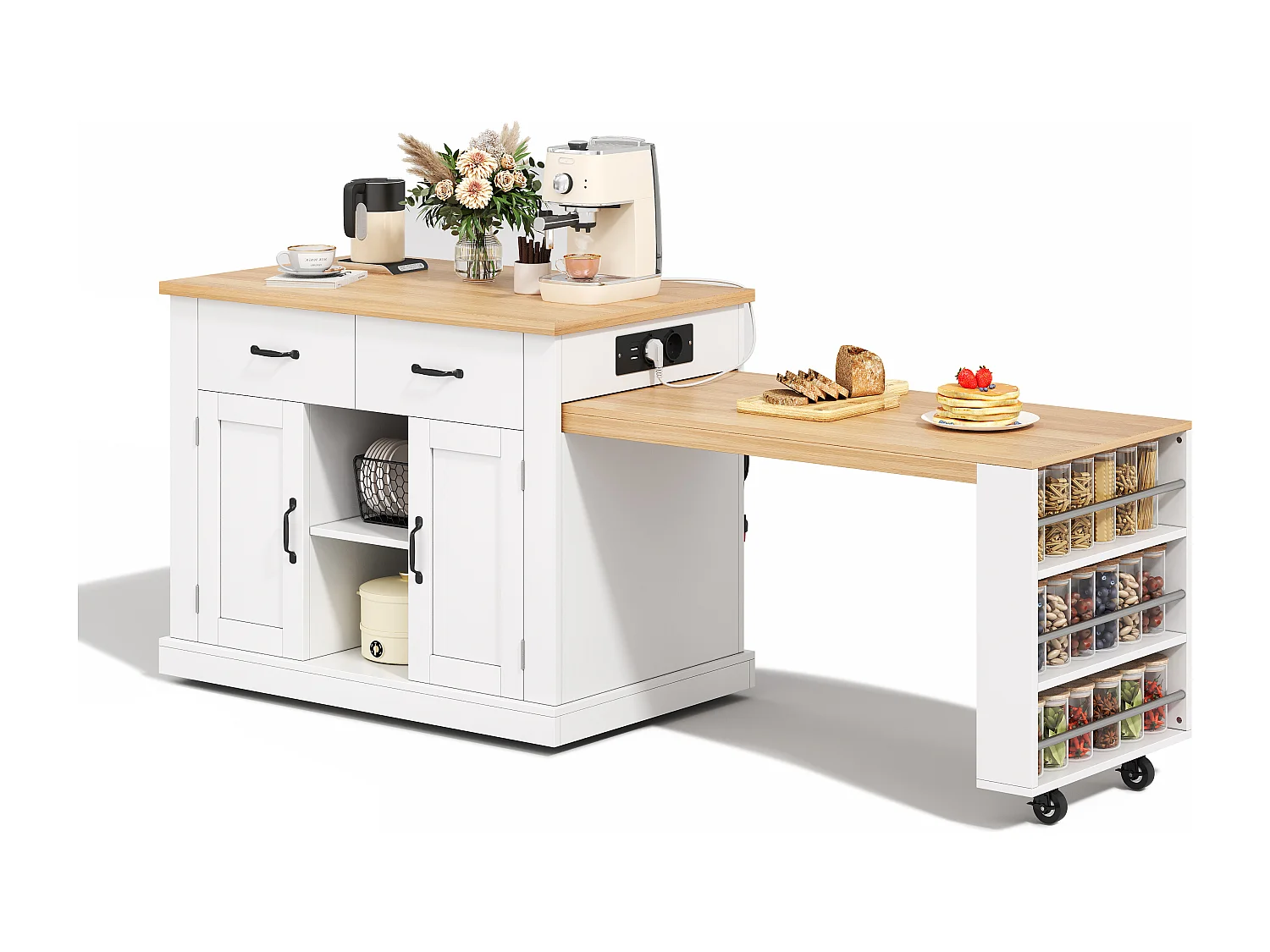 Îlot central de cuisine - table à manger extensible - avec prise de courant - avec roulettes et espace de rangement - Naturel + Blanc