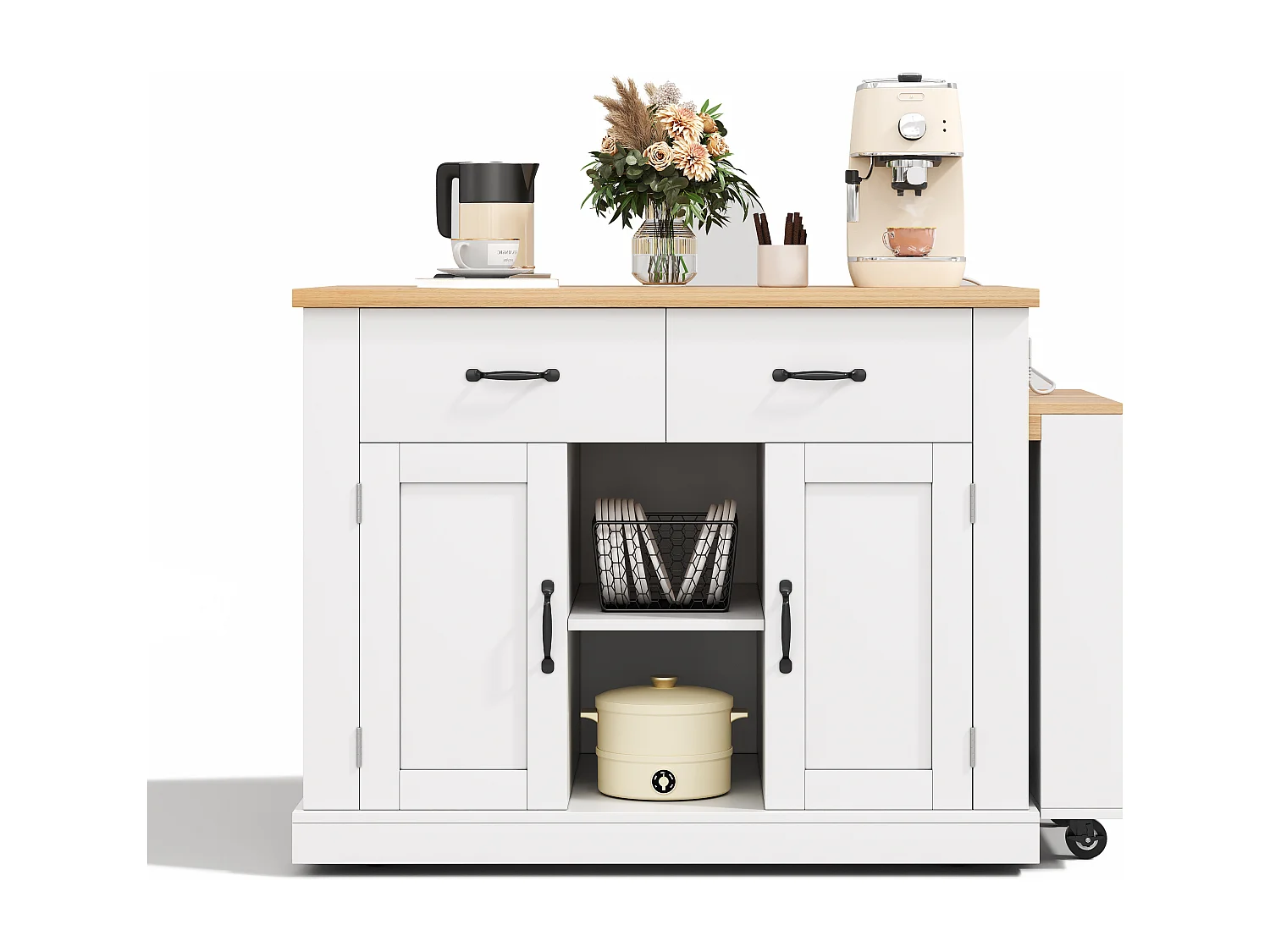 Îlot central de cuisine - table à manger extensible - avec prise de courant - avec roulettes et espace de rangement - Naturel + Blanc