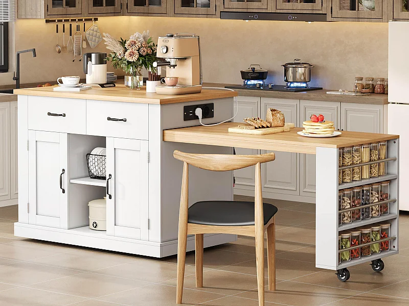 Îlot central de cuisine - table à manger extensible - avec prise de courant - avec roulettes et espace de rangement - Naturel + Blanc