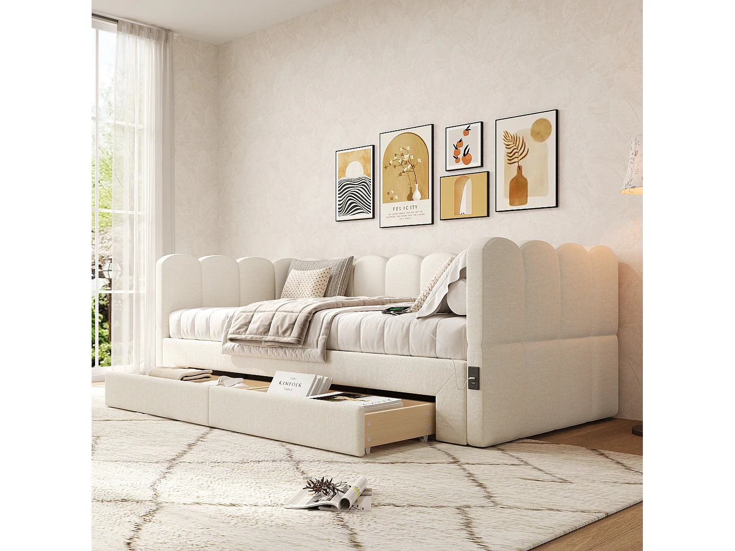 Gepolstertes Schlafsofa 90x200cm - mit ausziehbares Bettgestell - mit 2 Schubladen und USB-Anschluss - Leinenstoff - Beige​ (Matratze nicht inkludiert)