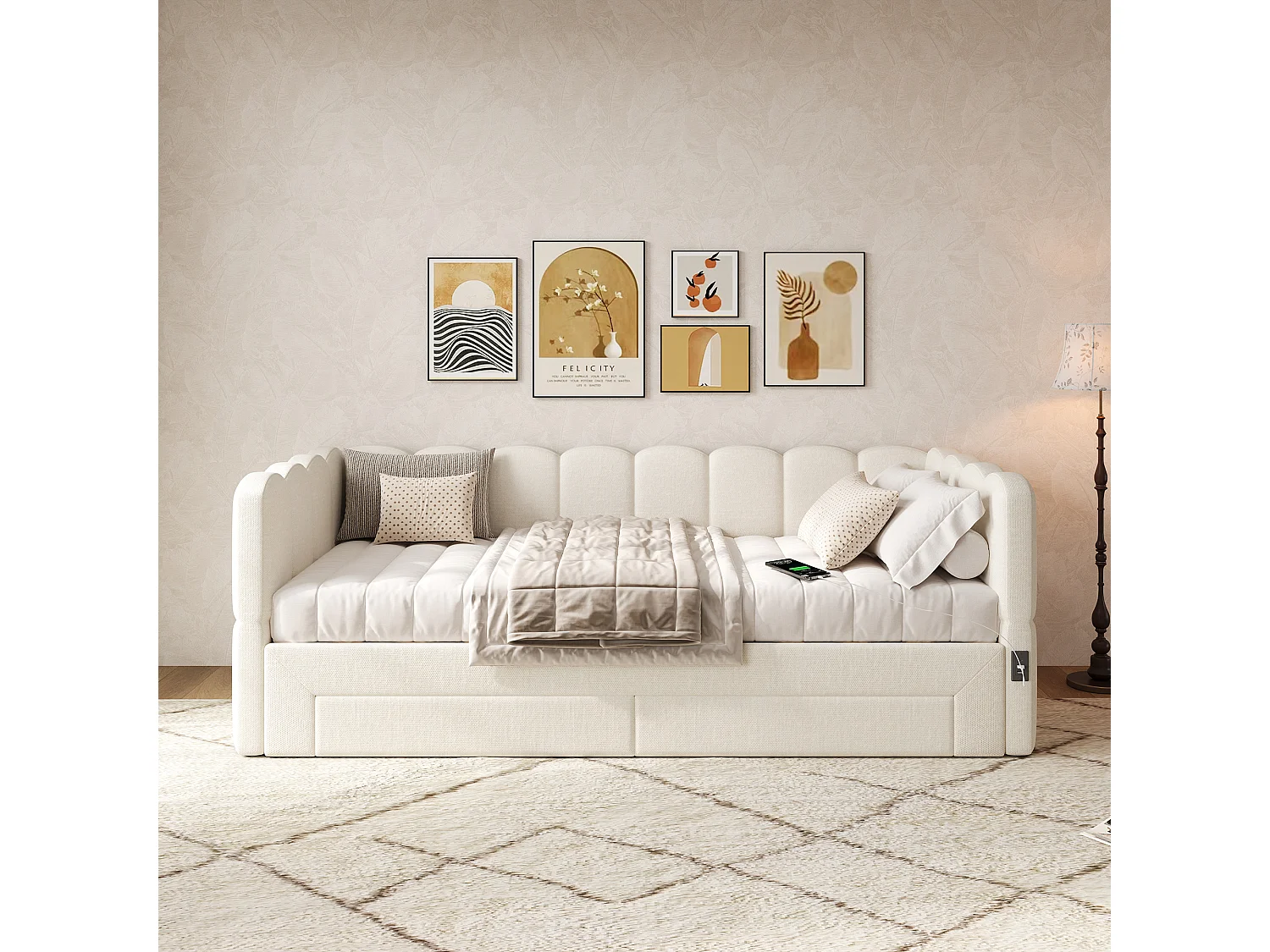 Gepolstertes Schlafsofa 90x200cm - mit ausziehbares Bettgestell - mit 2 Schubladen und USB-Anschluss - Leinenstoff - Beige​ (Matratze nicht inkludiert)