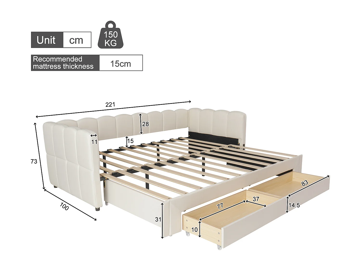 Gepolstertes Schlafsofa 90x200cm - mit ausziehbares Bettgestell - mit 2 Schubladen und USB-Anschluss - Leinenstoff - Beige​ (Matratze nicht inkludiert)