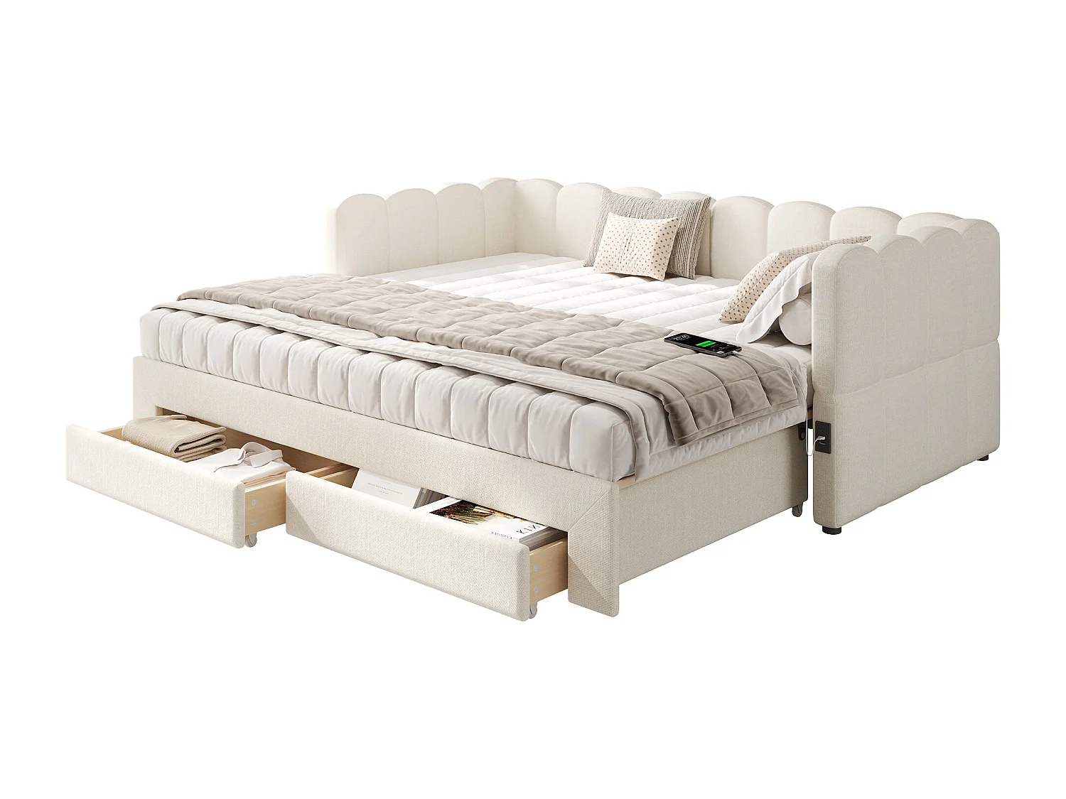 Gepolstertes Schlafsofa 90x200cm - mit ausziehbares Bettgestell - mit 2 Schubladen und USB-Anschluss - Leinenstoff - Beige​ (Matratze nicht inkludiert)