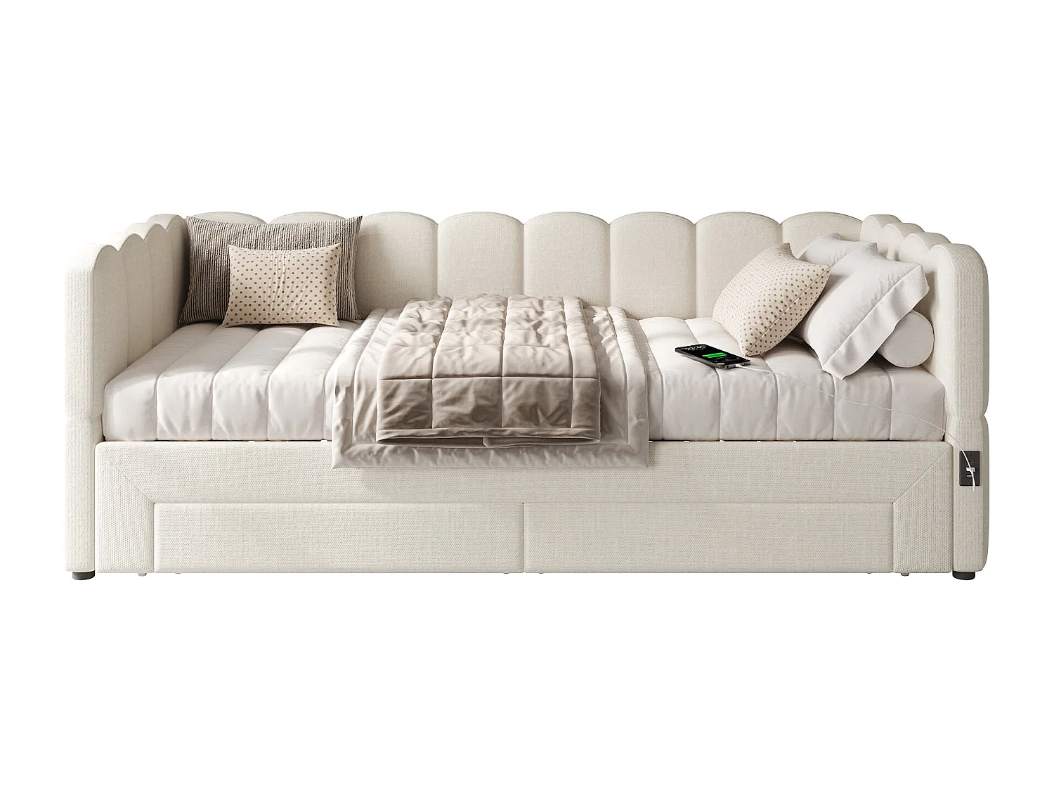 Gepolstertes Schlafsofa 90x200cm - mit ausziehbares Bettgestell - mit 2 Schubladen und USB-Anschluss - Leinenstoff - Beige​ (Matratze nicht inkludiert)