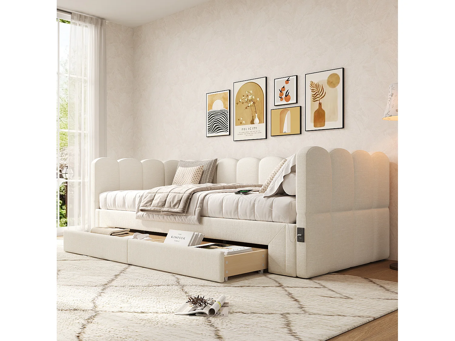 Tapicerowana sofa z łóżkiem 90x200cm - z Wysuwane łóżko - z 2 szufladami i portem USB - tkanina lniana - Beżowy​ (materac nie jest wliczony)