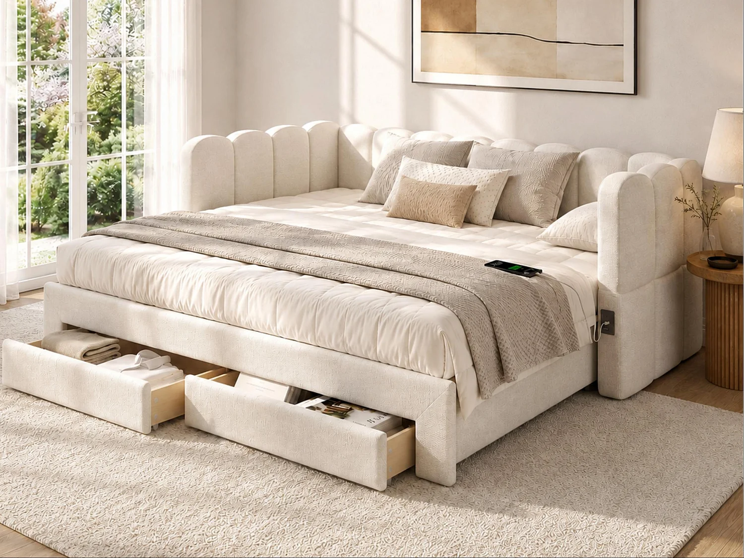 Tapicerowana sofa z łóżkiem 90x200cm - z Wysuwane łóżko - z 2 szufladami i portem USB - tkanina lniana - Beżowy​ (materac nie jest wliczony)