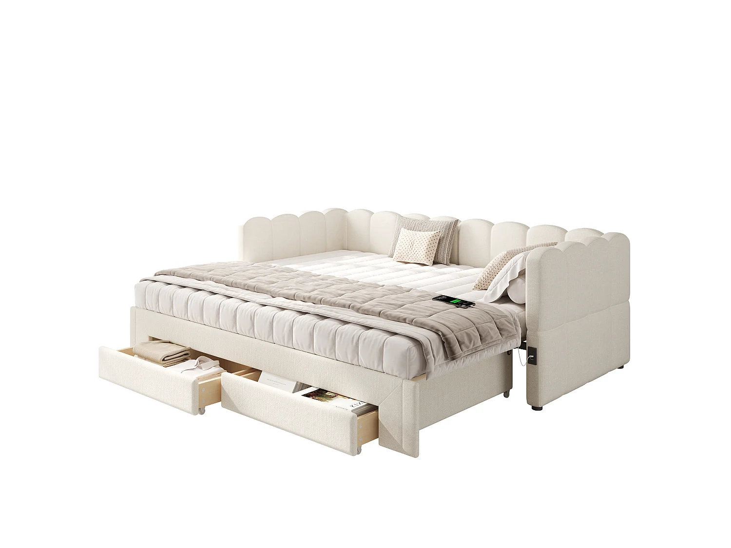 Tapicerowana sofa z łóżkiem 90x200cm - z Wysuwane łóżko - z 2 szufladami i portem USB - tkanina lniana - Beżowy​ (materac nie jest wliczony)