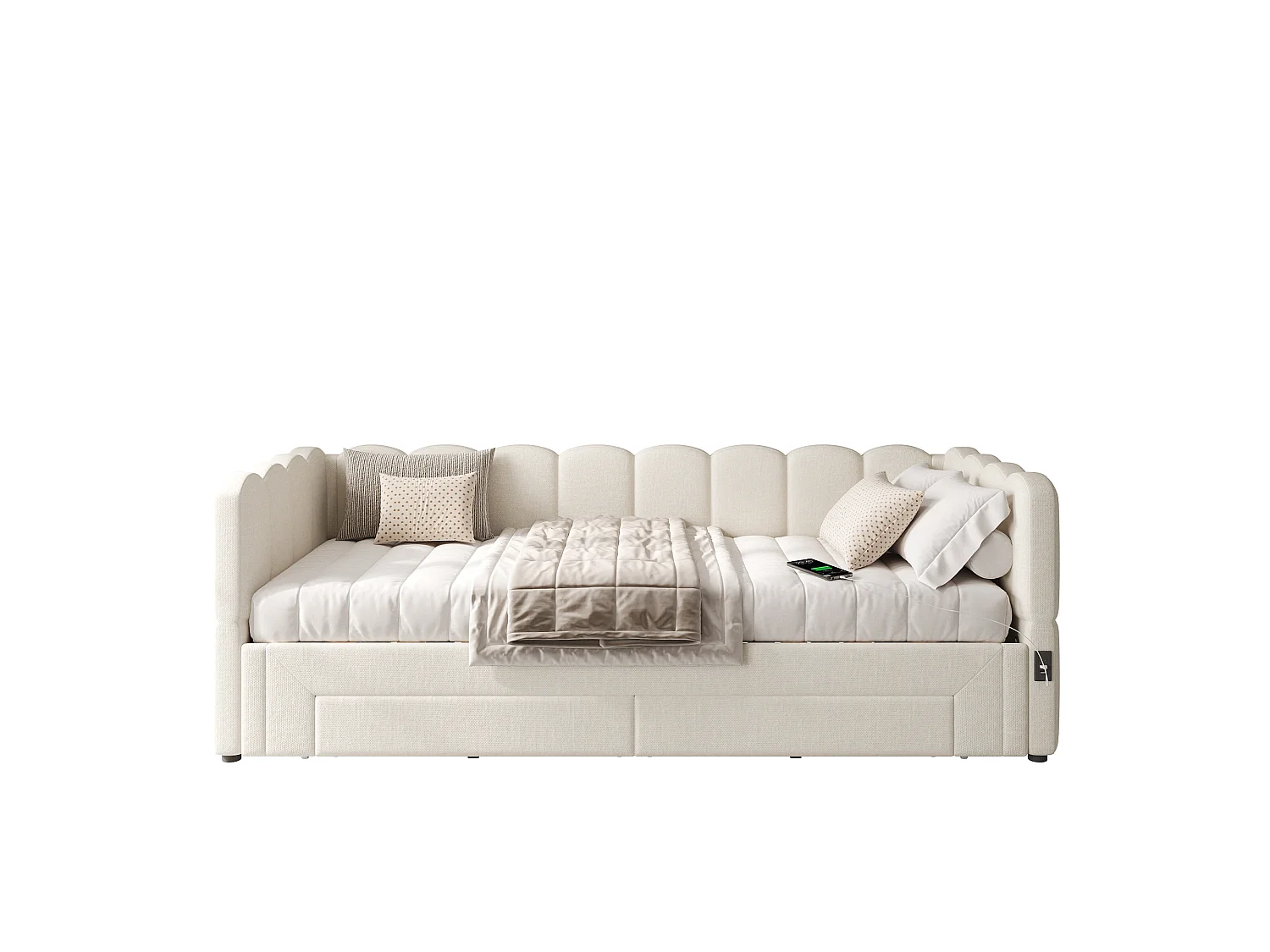 Tapicerowana sofa z łóżkiem 90x200cm - z Wysuwane łóżko - z 2 szufladami i portem USB - tkanina lniana - Beżowy​ (materac nie jest wliczony)