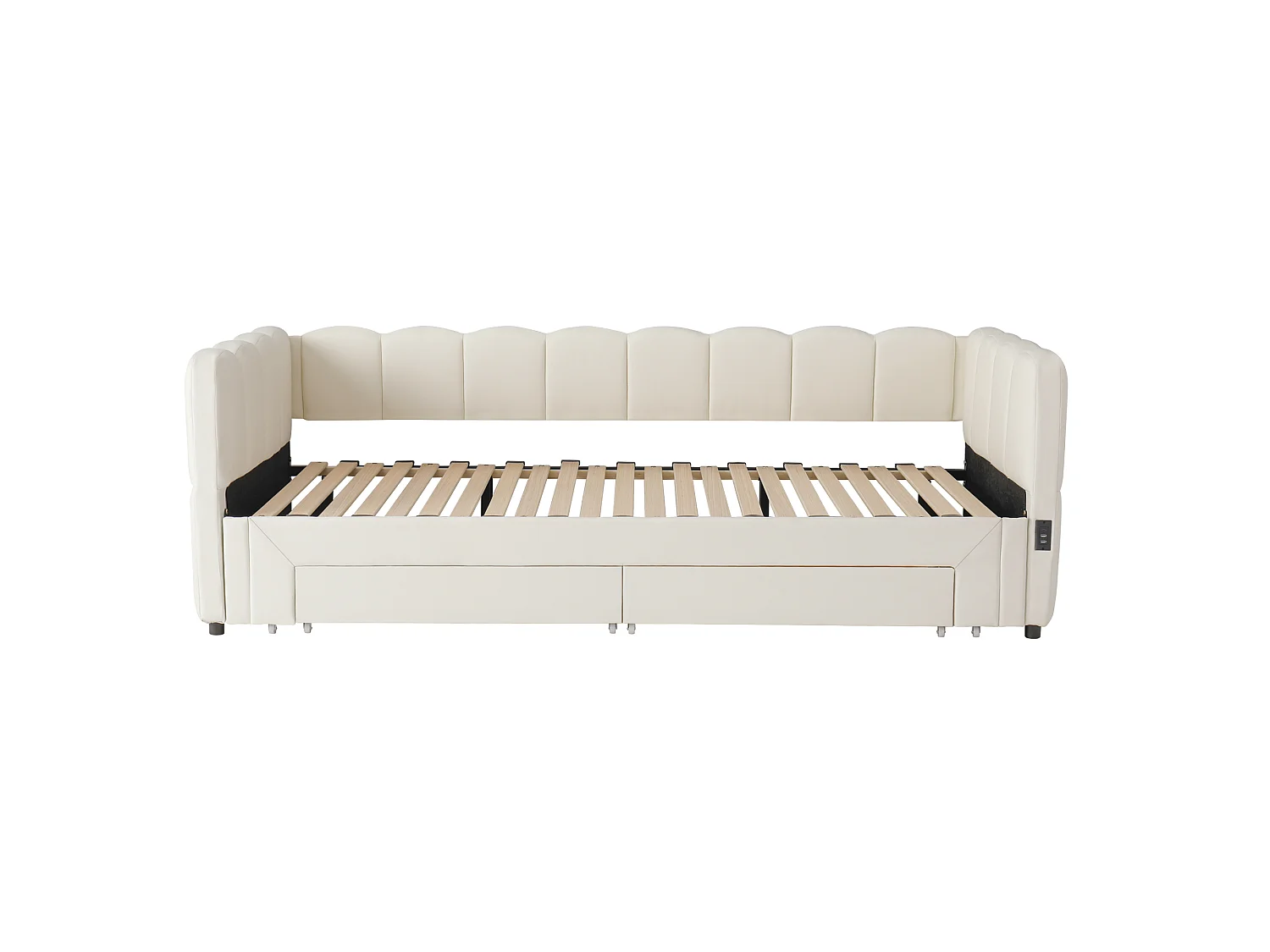 Tapicerowana sofa z łóżkiem 90x200cm - z Wysuwane łóżko - z 2 szufladami i portem USB - tkanina lniana - Beżowy​ (materac nie jest wliczony)