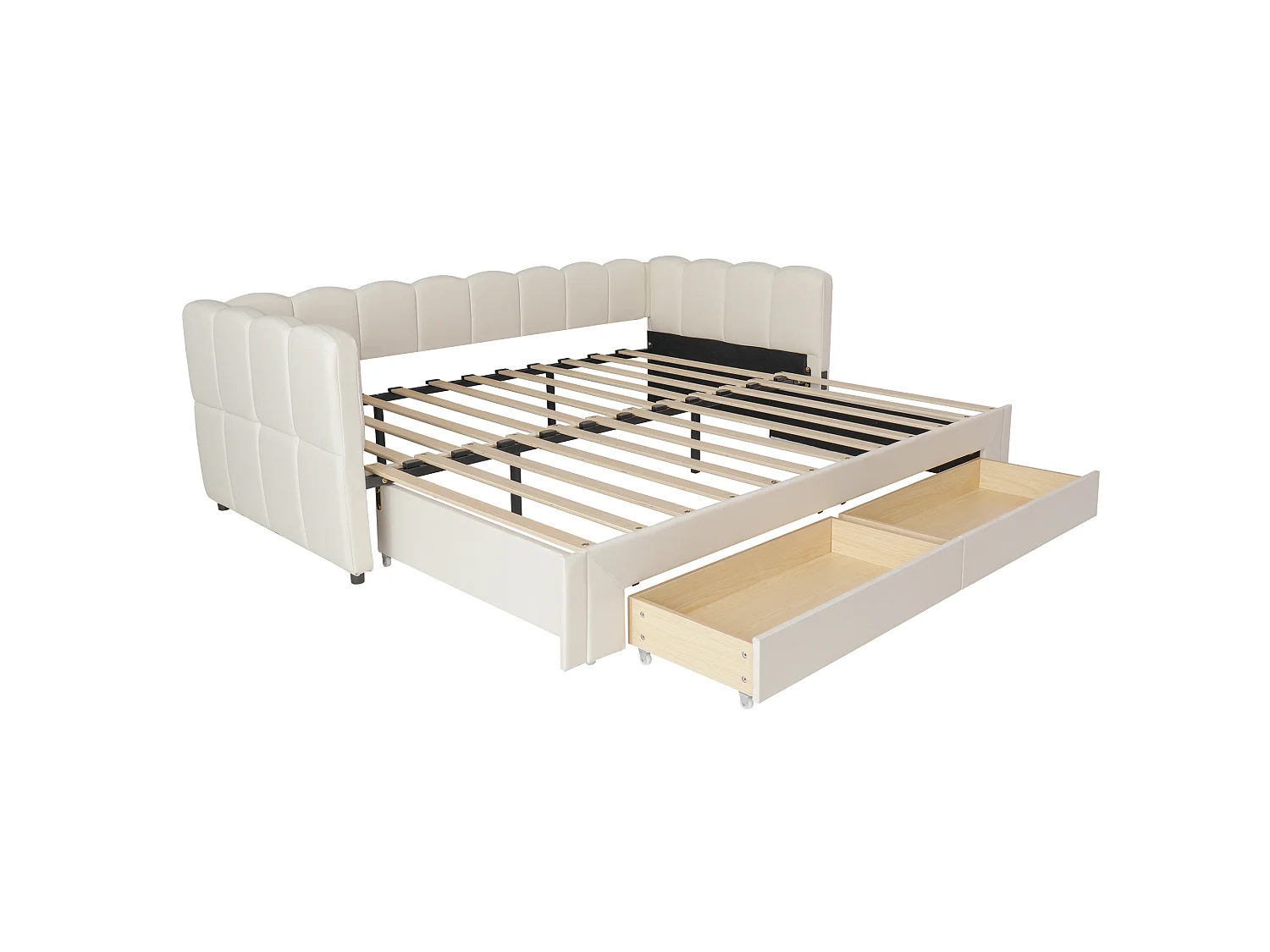 Tapicerowana sofa z łóżkiem 90x200cm - z Wysuwane łóżko - z 2 szufladami i portem USB - tkanina lniana - Beżowy​ (materac nie jest wliczony)