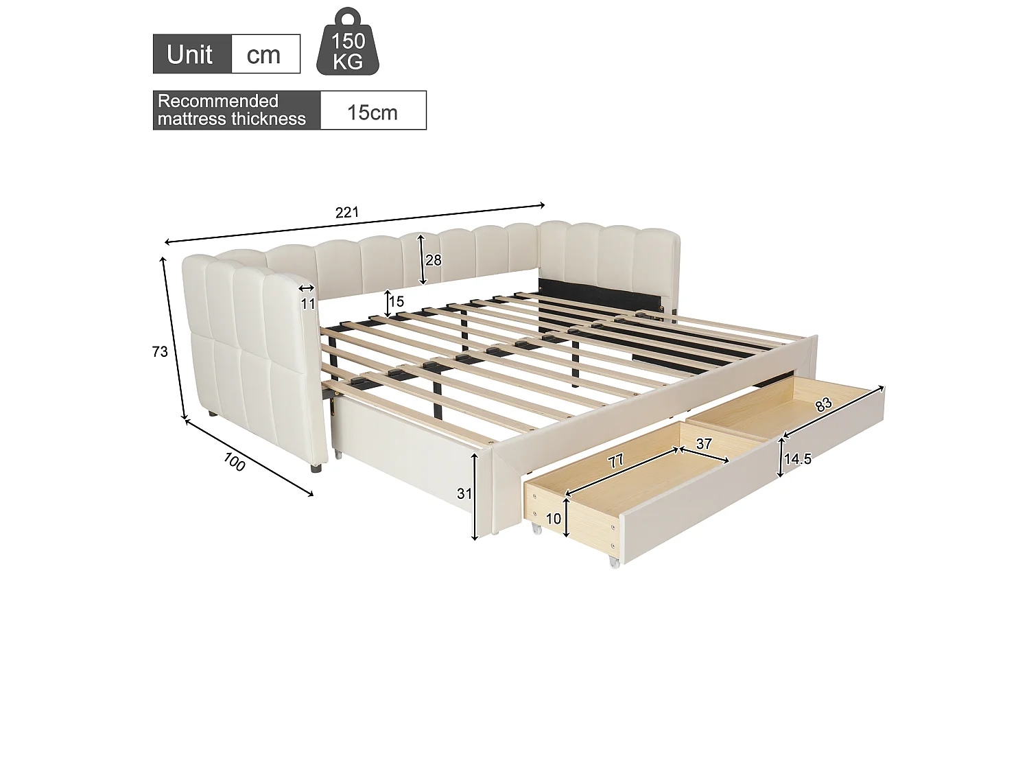 Tapicerowana sofa z łóżkiem 90x200cm - z Wysuwane łóżko - z 2 szufladami i portem USB - tkanina lniana - Beżowy​ (materac nie jest wliczony)