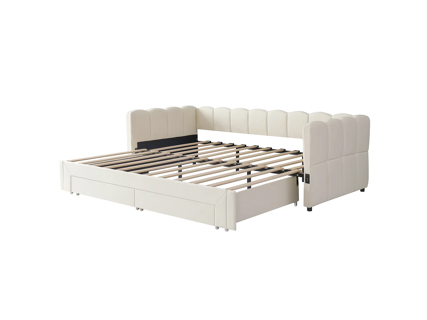 Tapicerowana sofa z łóżkiem 90x200cm - z Wysuwane łóżko - z 2 szufladami i portem USB - tkanina lniana - Beżowy​ (materac nie jest wliczony)