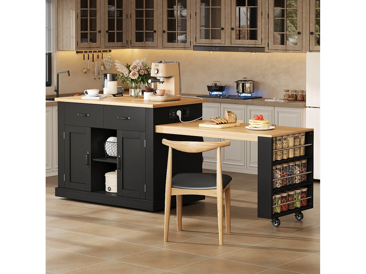 Îlot central de cuisine - table à manger extensible - avec prise de courant - avec roulettes et espace de rangement - Naturel + Noir