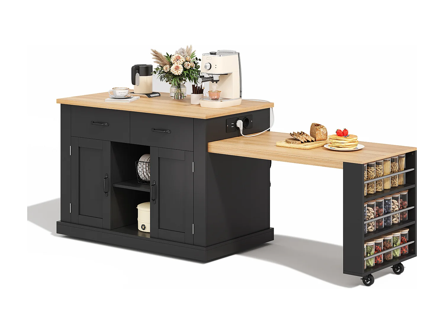 Îlot central de cuisine - table à manger extensible - avec prise de courant - avec roulettes et espace de rangement - Naturel + Noir