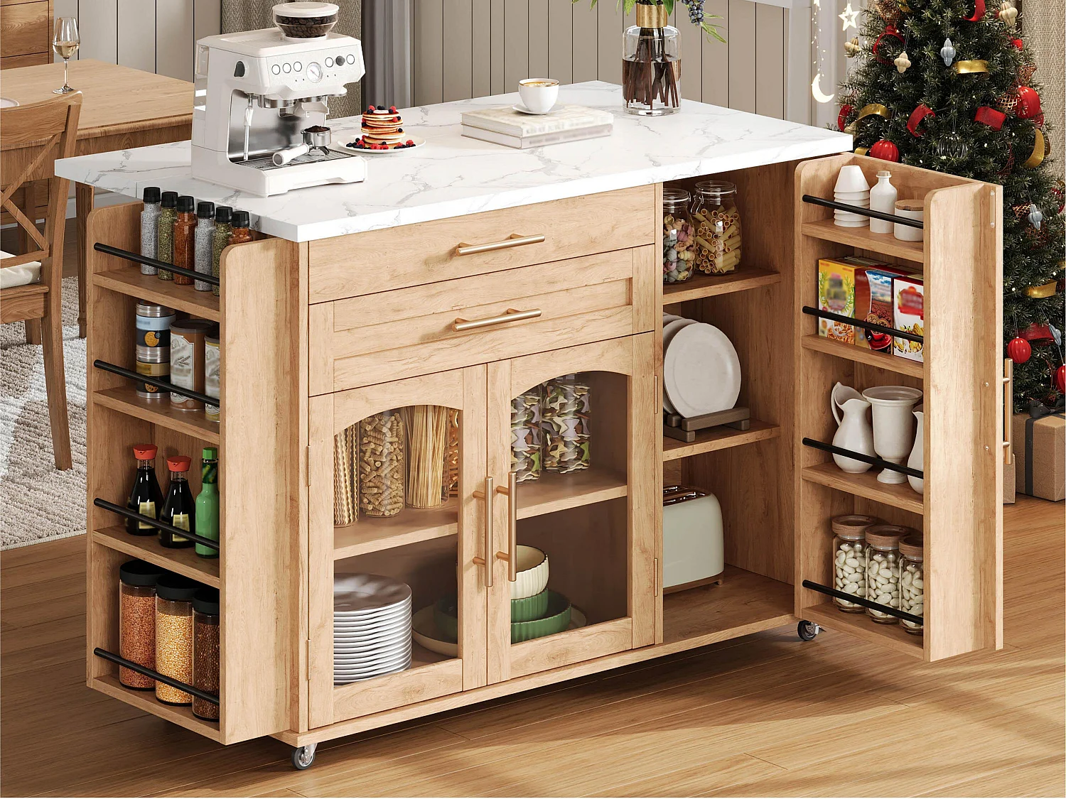 Îlot central de cuisine mobile - table à manger pliable - avec espace de rangement et étagère à épices - avec roulettes - Naturel