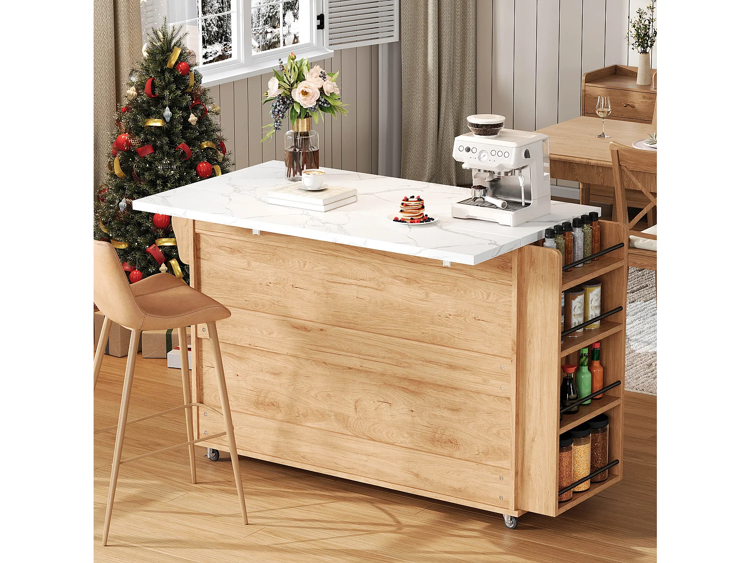 Îlot central de cuisine mobile - table à manger pliable - avec espace de rangement et étagère à épices - avec roulettes - Naturel