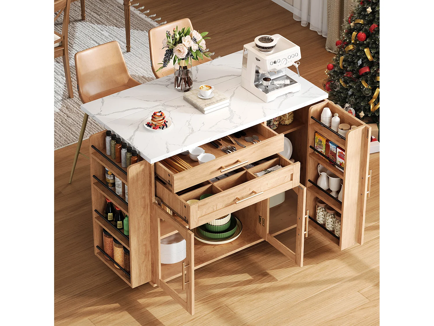 Îlot central de cuisine mobile - table à manger pliable - avec espace de rangement et étagère à épices - avec roulettes - Naturel