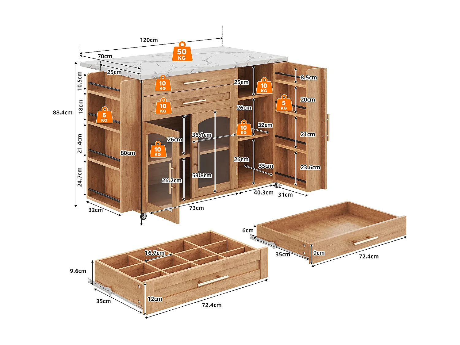 Îlot central de cuisine mobile - table à manger pliable - avec espace de rangement et étagère à épices - avec roulettes - Naturel