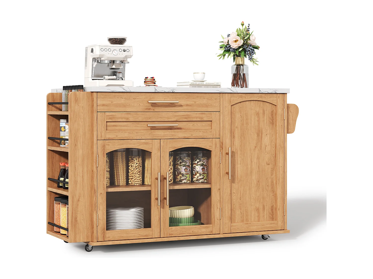 Îlot central de cuisine mobile - table à manger pliable - avec espace de rangement et étagère à épices - avec roulettes - Naturel