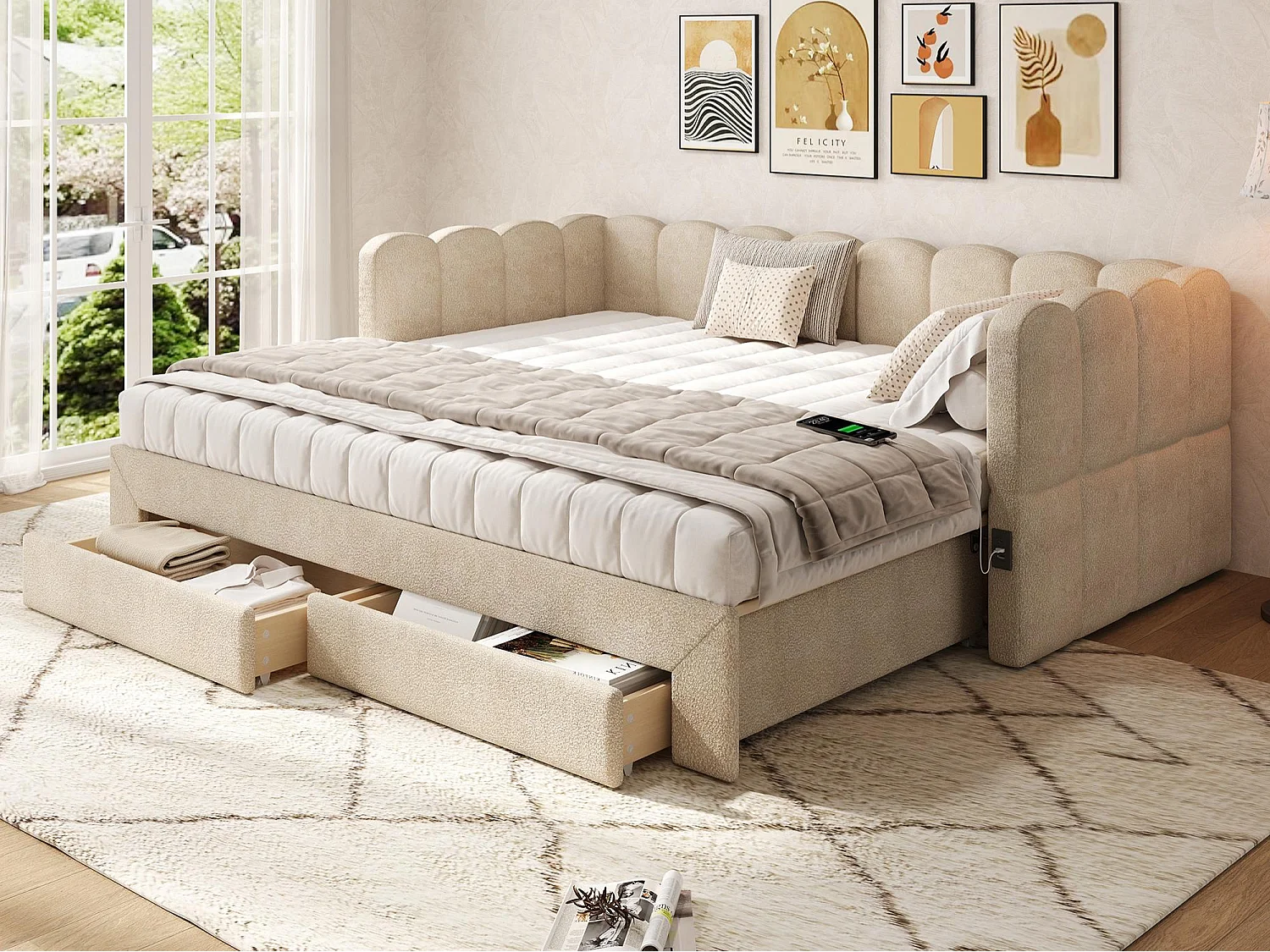 Gestoffeerde slaapbank 90x190cm - met uitschuifbaar bedframe - met 2 lades en USB-poort - Chenille stof - Beige​ (matras niet inbegrepen)