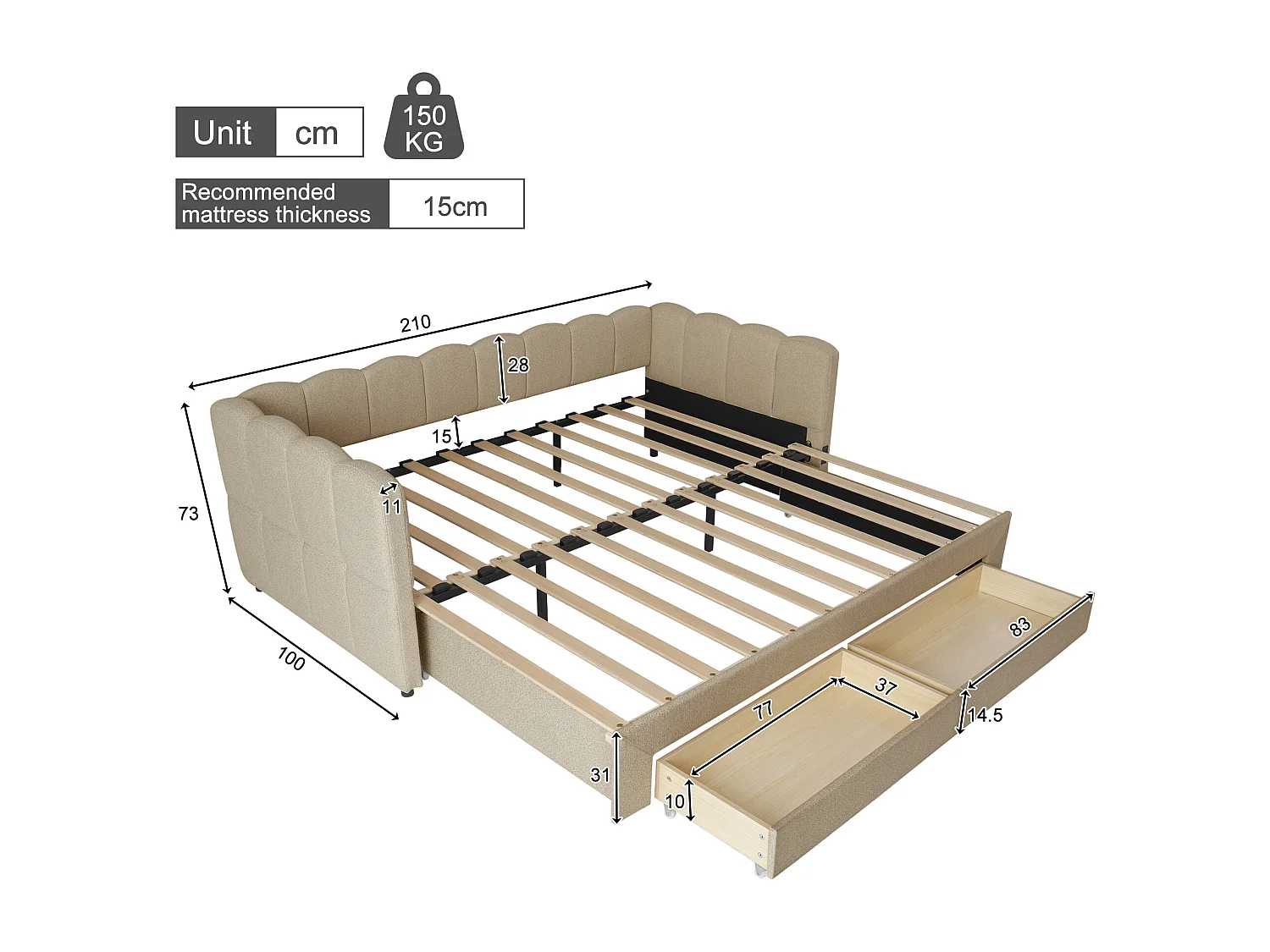 Gestoffeerde slaapbank 90x190cm - met uitschuifbaar bedframe - met 2 lades en USB-poort - Chenille stof - Beige​ (matras niet inbegrepen)