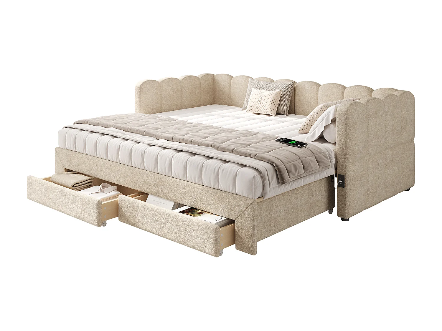 Gestoffeerde slaapbank 90x190cm - met uitschuifbaar bedframe - met 2 lades en USB-poort - Chenille stof - Beige​ (matras niet inbegrepen)