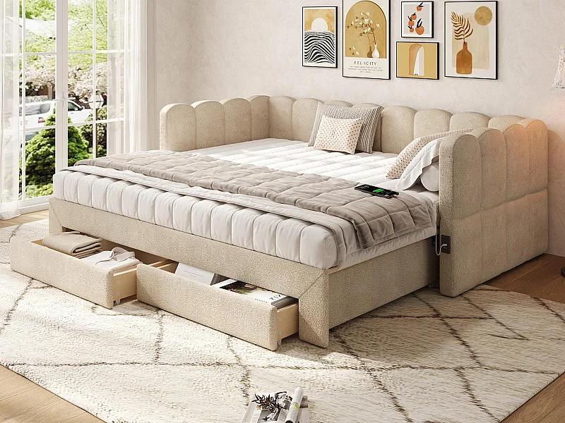 Gestoffeerde slaapbank 90x190cm - met uitschuifbaar bedframe - met 2 lades en USB-poort - Chenille stof - Beige​ (matras niet inbegrepen)