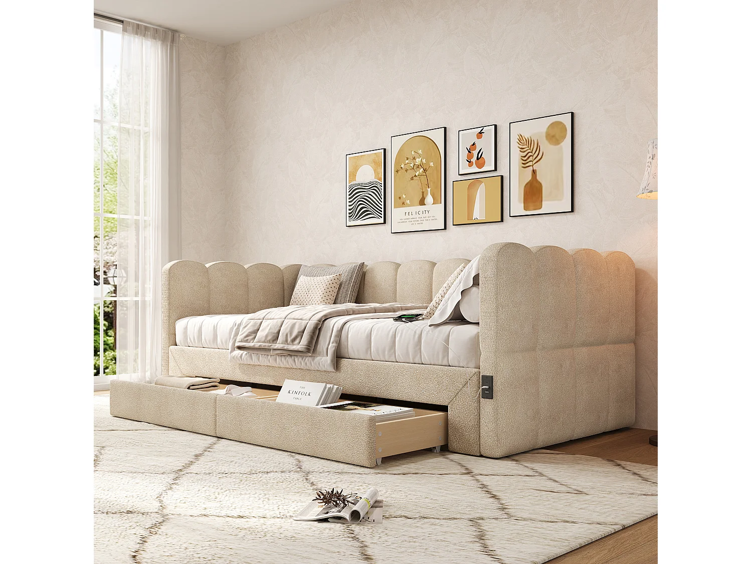 Gepolstertes Schlafsofa 90x200cm - mit ausziehbares Bettgestell - mit 2 Schubladen und USB-Anschluss - Chenille-Stoff - Beige​ (Matratze nicht inkludiert)