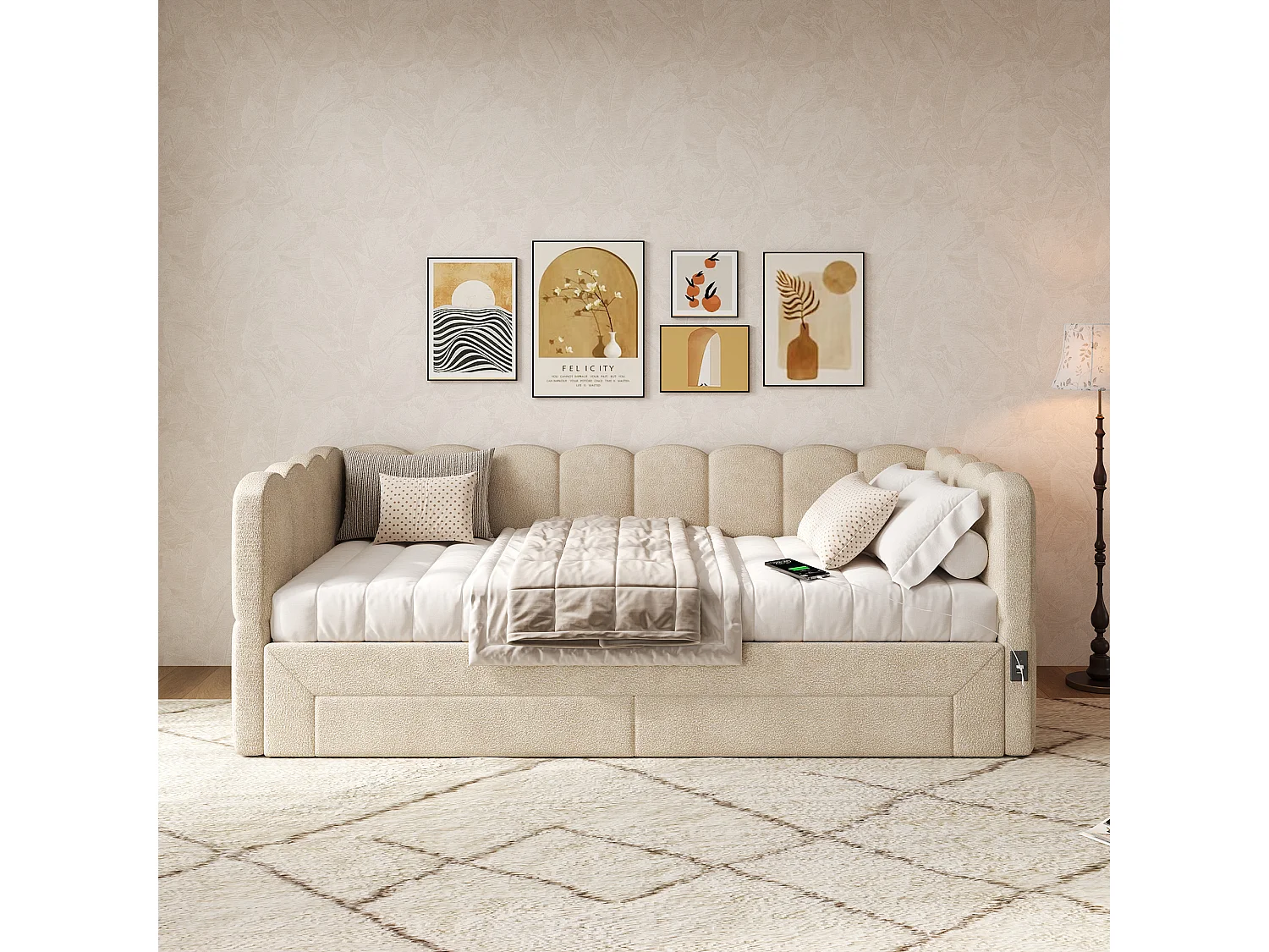 Gepolstertes Schlafsofa 90x200cm - mit ausziehbares Bettgestell - mit 2 Schubladen und USB-Anschluss - Chenille-Stoff - Beige​ (Matratze nicht inkludiert)