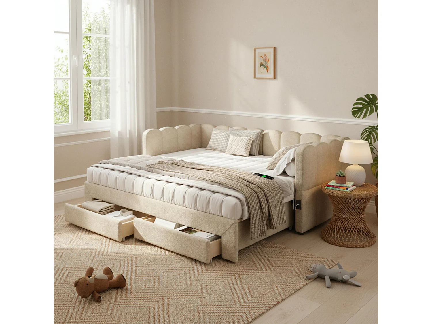 Gepolstertes Schlafsofa 90x200cm - mit ausziehbares Bettgestell - mit 2 Schubladen und USB-Anschluss - Chenille-Stoff - Beige​ (Matratze nicht inkludiert)