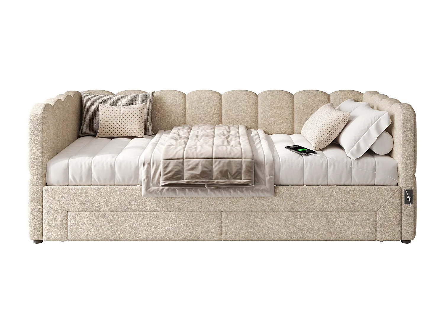Gepolstertes Schlafsofa 90x200cm - mit ausziehbares Bettgestell - mit 2 Schubladen und USB-Anschluss - Chenille-Stoff - Beige​ (Matratze nicht inkludiert)