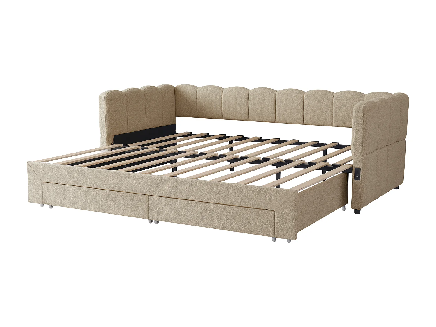 Gepolstertes Schlafsofa 90x200cm - mit ausziehbares Bettgestell - mit 2 Schubladen und USB-Anschluss - Chenille-Stoff - Beige​ (Matratze nicht inkludiert)