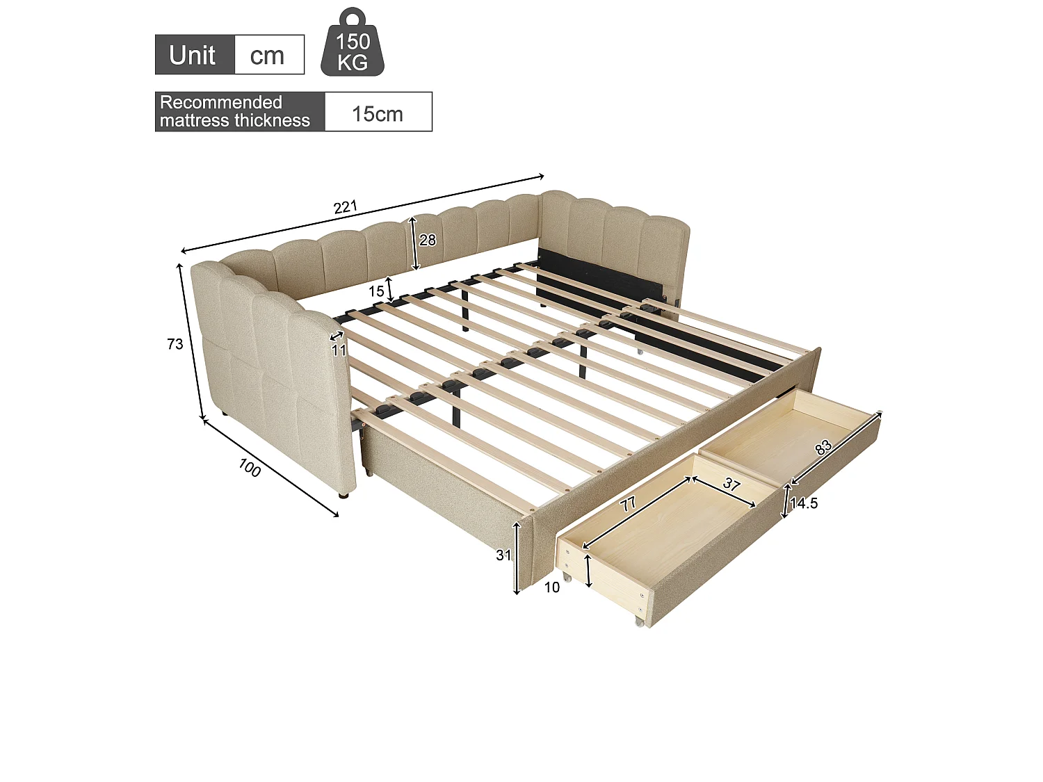 Tapicerowana sofa z łóżkiem 90x200cm - z Wysuwane łóżko - z 2 szufladami i portem USB - Tkanina szenilowa - Beżowy​ (materac nie jest wliczony)