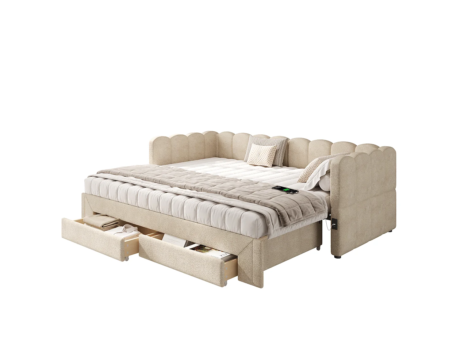 Tapicerowana sofa z łóżkiem 90x200cm - z Wysuwane łóżko - z 2 szufladami i portem USB - Tkanina szenilowa - Beżowy​ (materac nie jest wliczony)