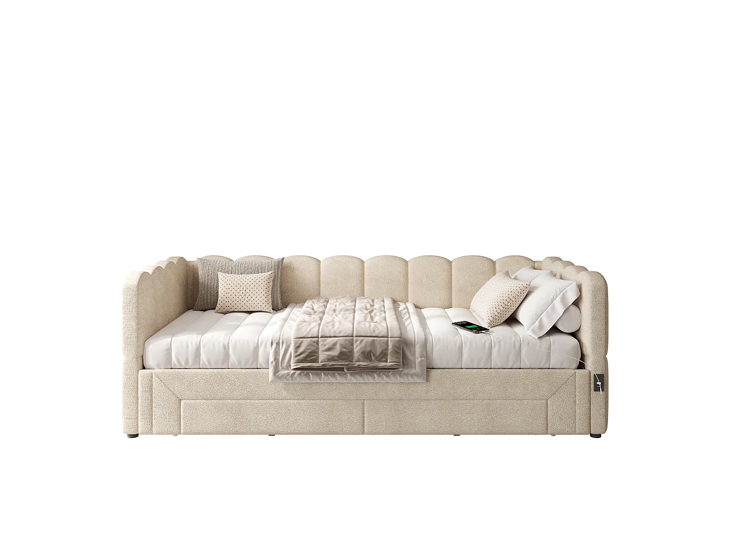 Tapicerowana sofa z łóżkiem 90x200cm - z Wysuwane łóżko - z 2 szufladami i portem USB - Tkanina szenilowa - Beżowy​ (materac nie jest wliczony)