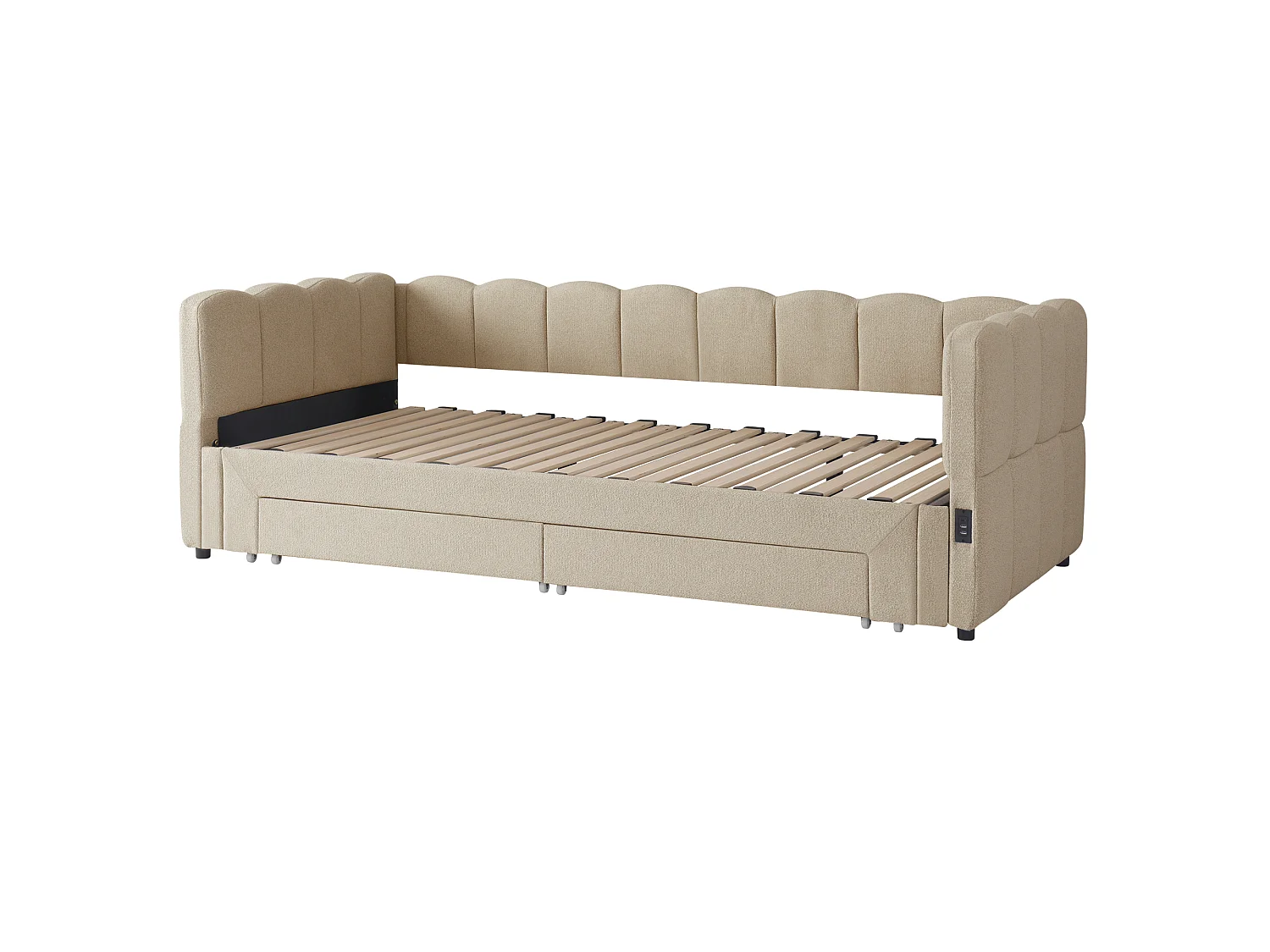 Tapicerowana sofa z łóżkiem 90x200cm - z Wysuwane łóżko - z 2 szufladami i portem USB - Tkanina szenilowa - Beżowy​ (materac nie jest wliczony)