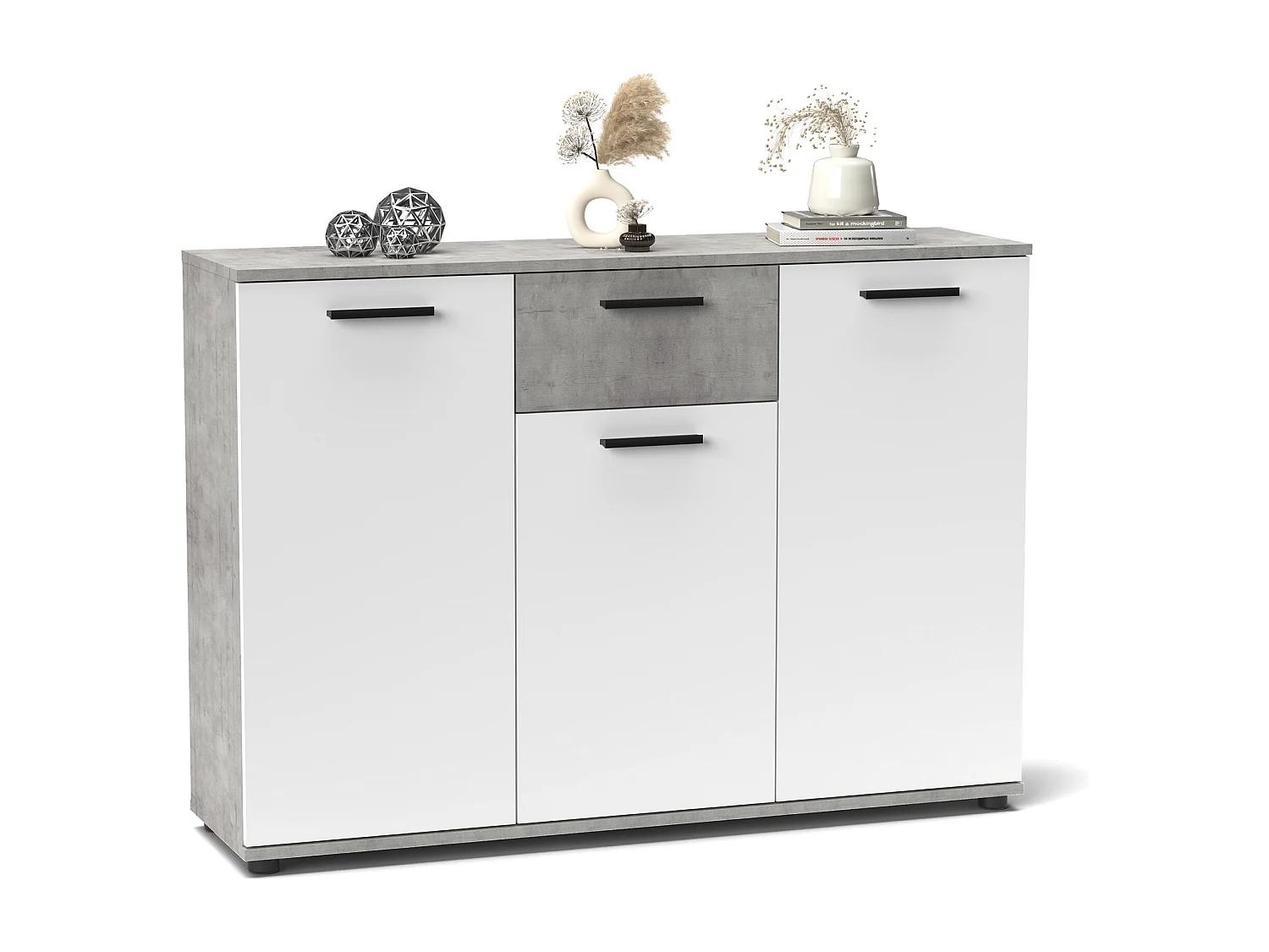 Aparador Bosco 3 puertas 1 cajón, mueble con almacenamiento de salón color Cemento y Blanco 120 cm