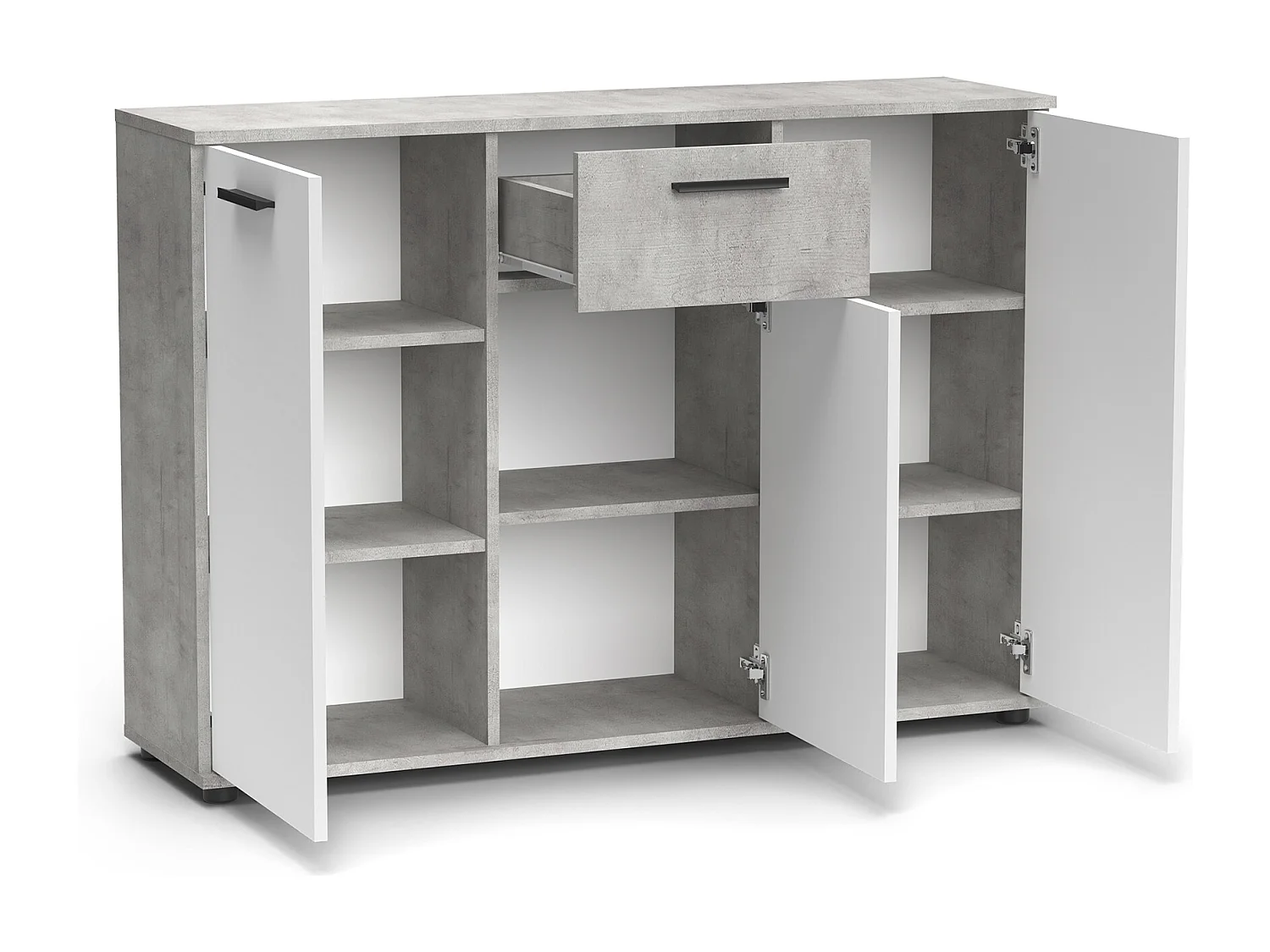 Aparador Bosco 3 puertas 1 cajón, mueble con almacenamiento de salón color Cemento y Blanco 120 cm
