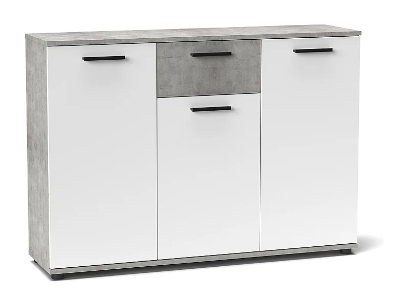 Aparador Bosco 3 puertas 1 cajón, mueble con almacenamiento de salón color Cemento y Blanco 120 cm