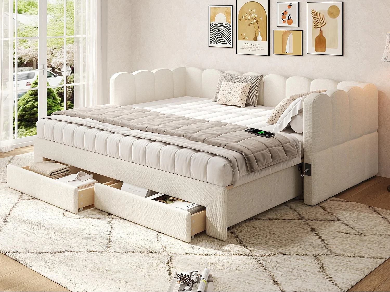 Gepolstertes Schlafsofa 90x190cm - mit ausziehbares Bettgestell - mit 2 Schubladen und USB-Anschluss - Leinenstoff - Beige​ (Matratze nicht inkludiert)
