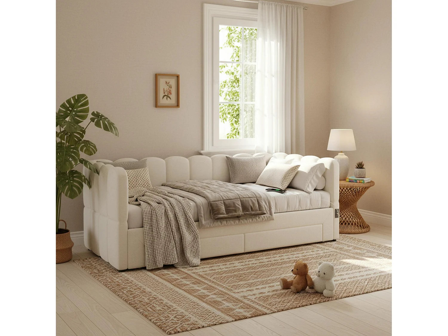 Gepolstertes Schlafsofa 90x190cm - mit ausziehbares Bettgestell - mit 2 Schubladen und USB-Anschluss - Leinenstoff - Beige​ (Matratze nicht inkludiert)