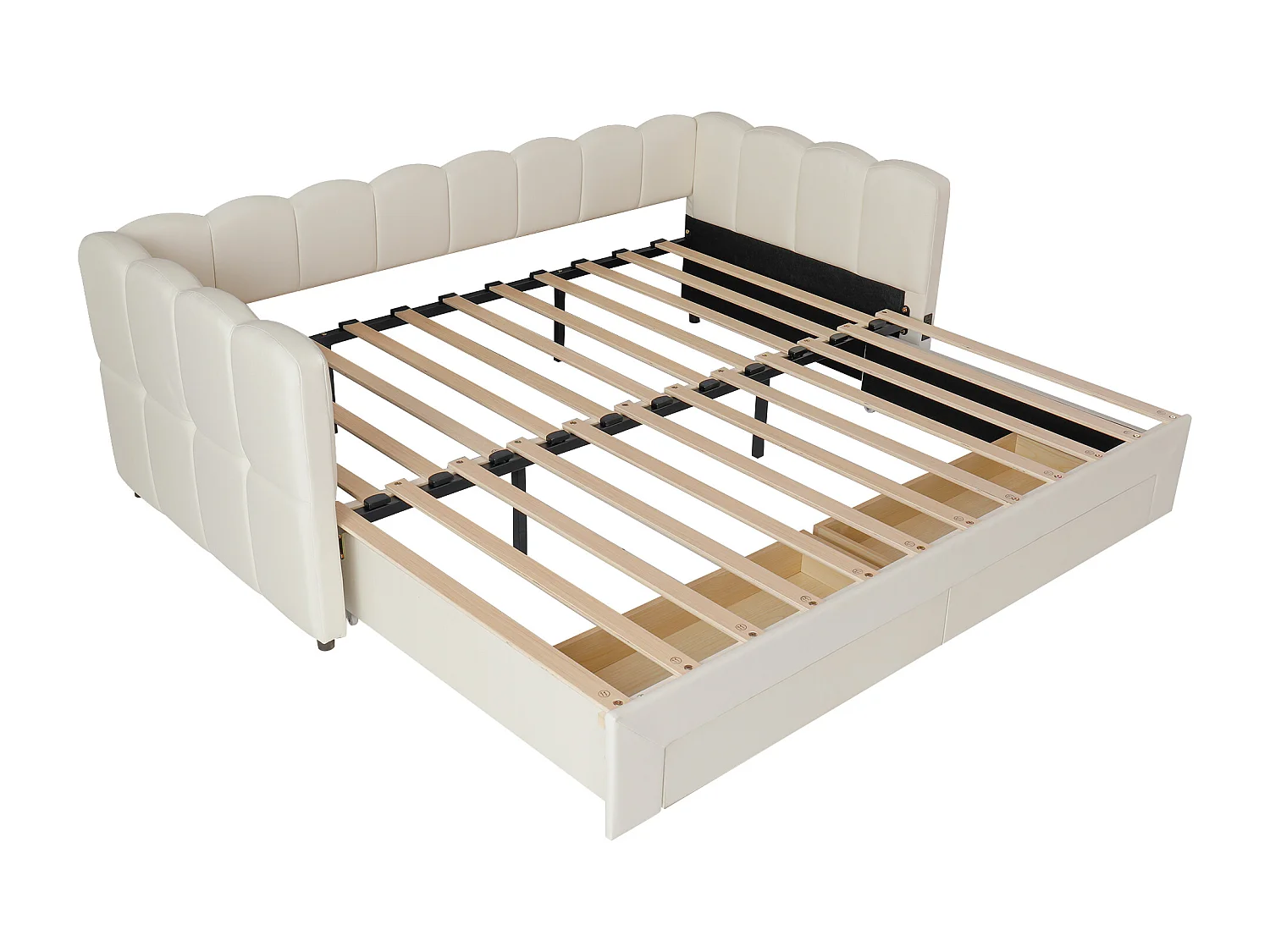 Gepolstertes Schlafsofa 90x190cm - mit ausziehbares Bettgestell - mit 2 Schubladen und USB-Anschluss - Leinenstoff - Beige​ (Matratze nicht inkludiert)