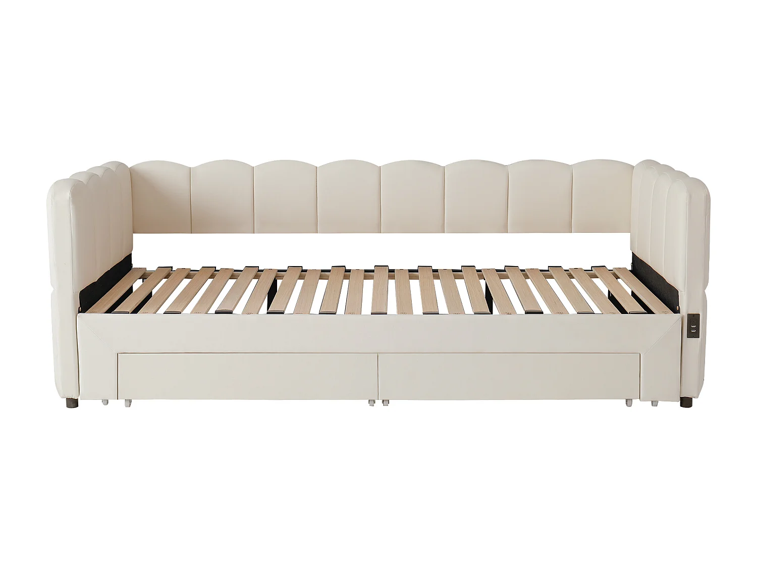 Gepolstertes Schlafsofa 90x190cm - mit ausziehbares Bettgestell - mit 2 Schubladen und USB-Anschluss - Leinenstoff - Beige​ (Matratze nicht inkludiert)