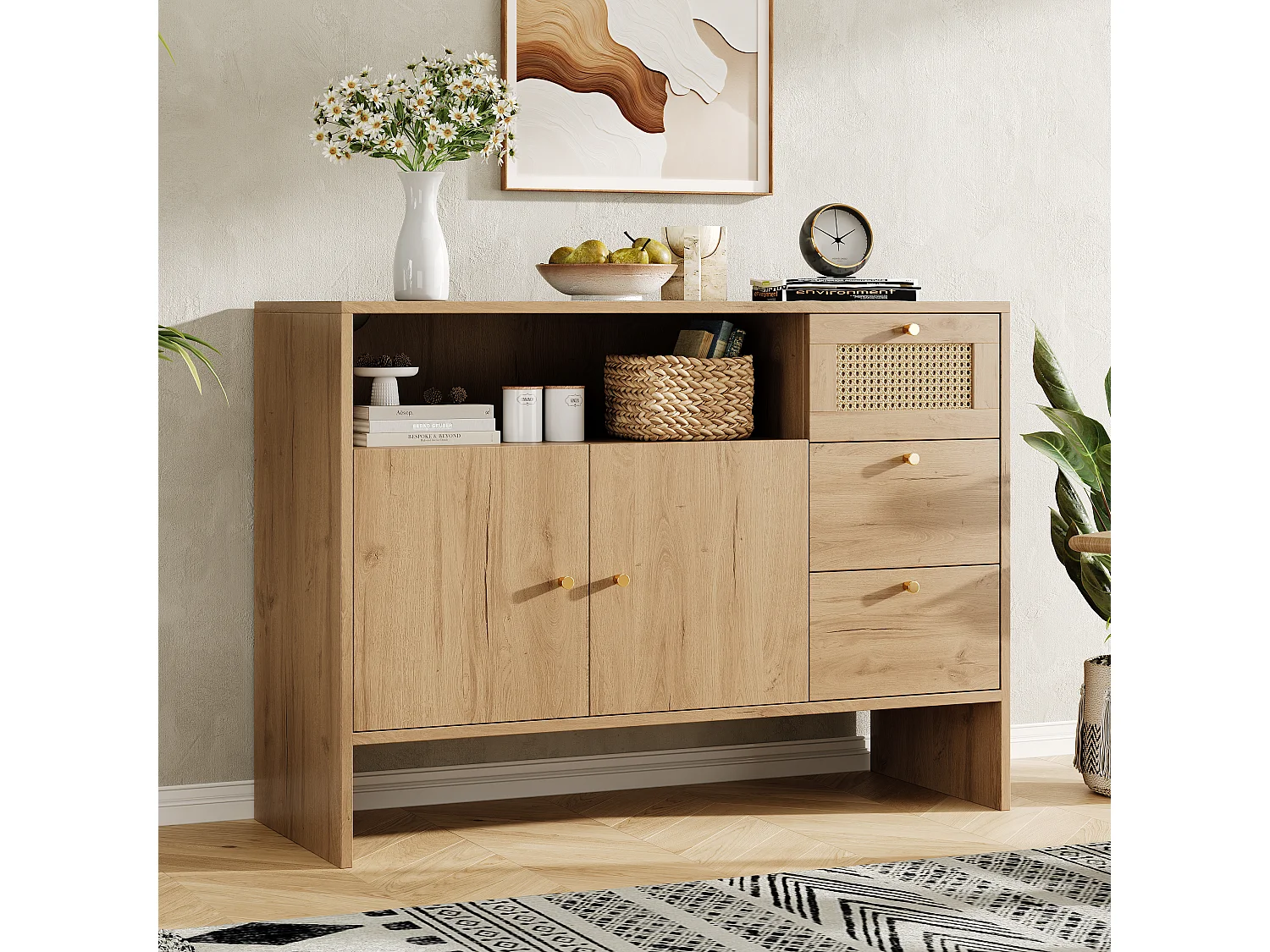 Nowoczesny kredens 105x40x76cm - z 2 drzwiami i 3 szufladami - z otwartymi przegródkami - płyta wiórowa - Naturalny