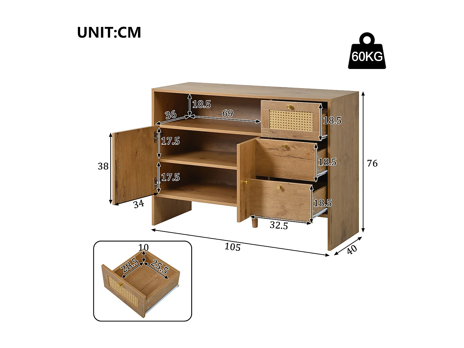 Nowoczesny kredens 105x40x76cm - z 2 drzwiami i 3 szufladami - z otwartymi przegródkami - płyta wiórowa - Naturalny
