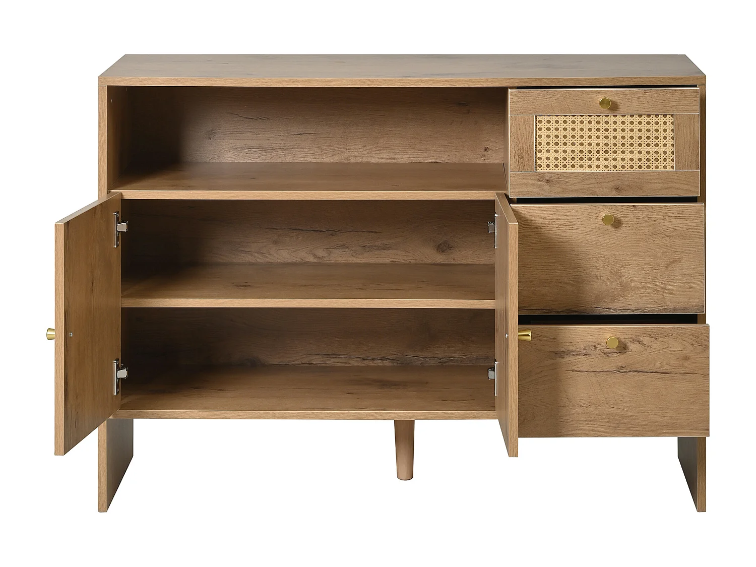 Nowoczesny kredens 105x40x76cm - z 2 drzwiami i 3 szufladami - z otwartymi przegródkami - płyta wiórowa - Naturalny