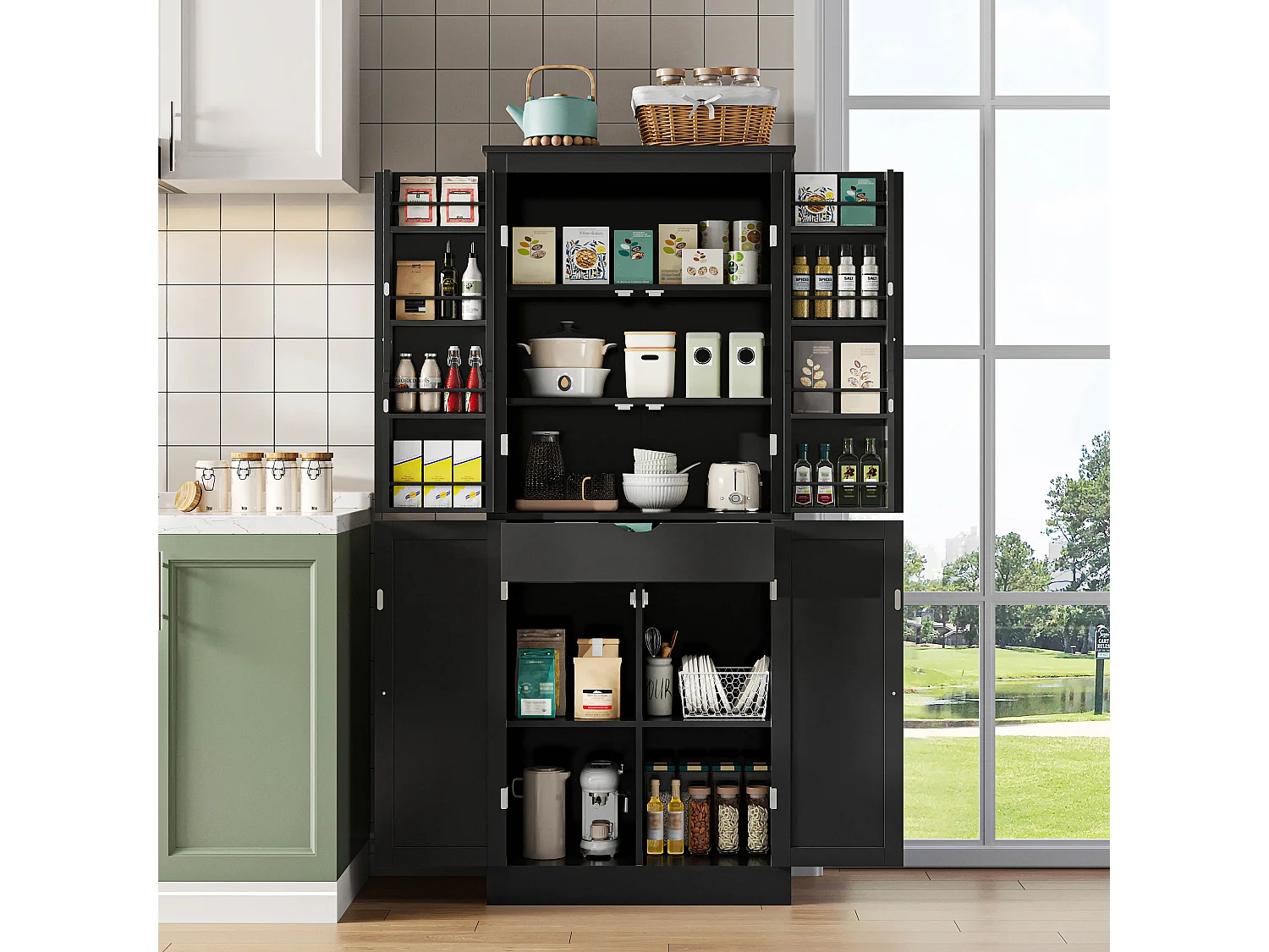 Buffet de cuisine 75x40x180cm - 2 portes de rangement avec étagères - 1 tiroir et compartiment de rangement - Noir