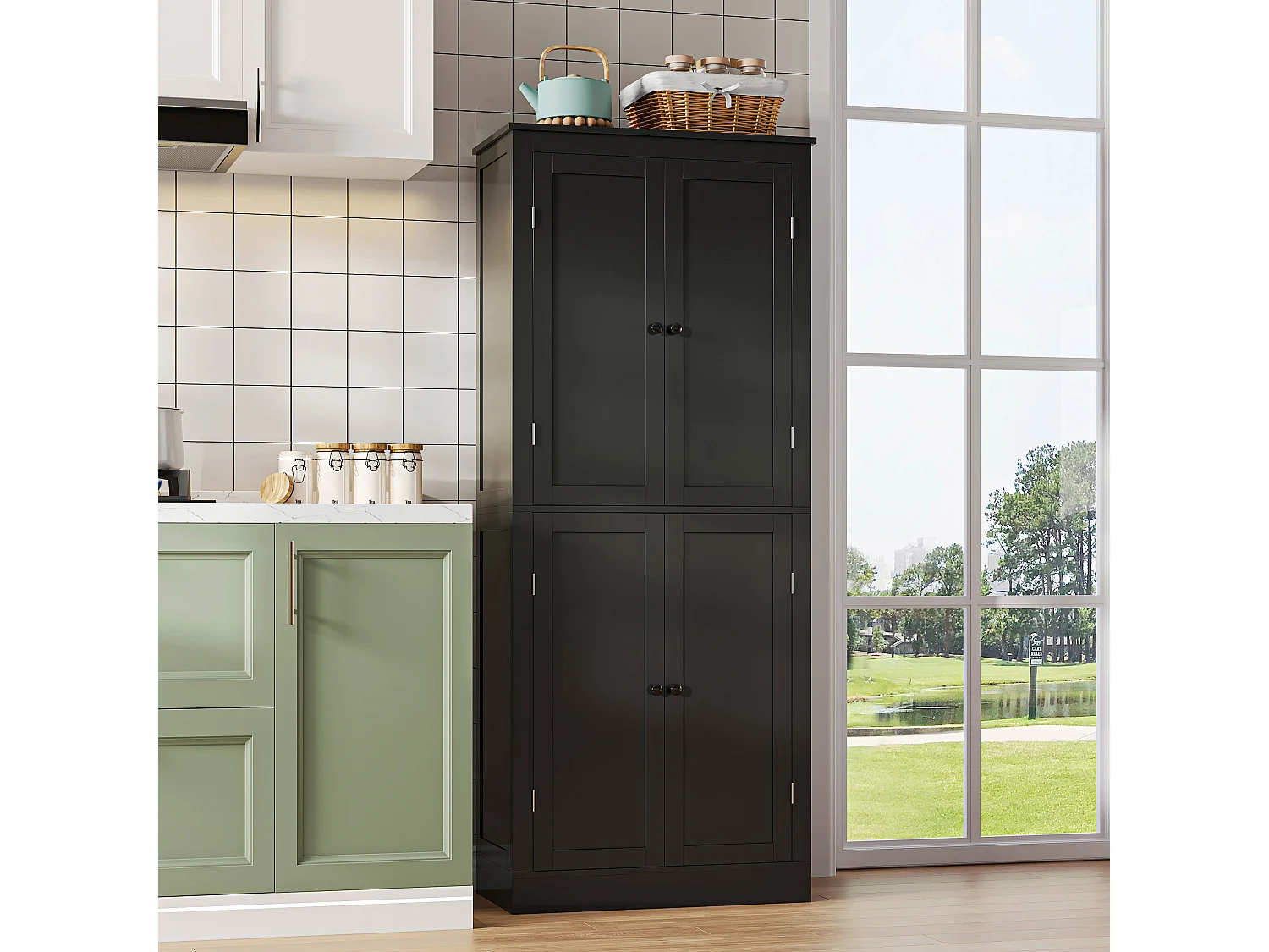 Buffet de cuisine 75x40x180cm - 2 portes de rangement avec étagères - 1 tiroir et compartiment de rangement - Noir