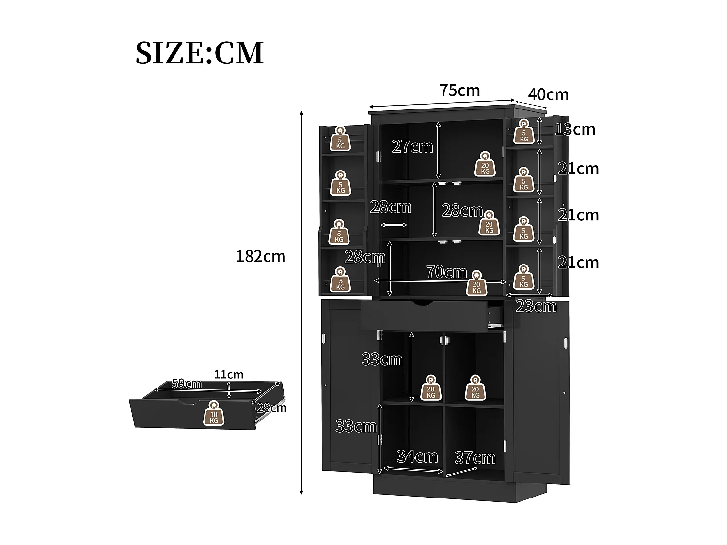 Buffet de cuisine 75x40x180cm - 2 portes de rangement avec étagères - 1 tiroir et compartiment de rangement - Noir